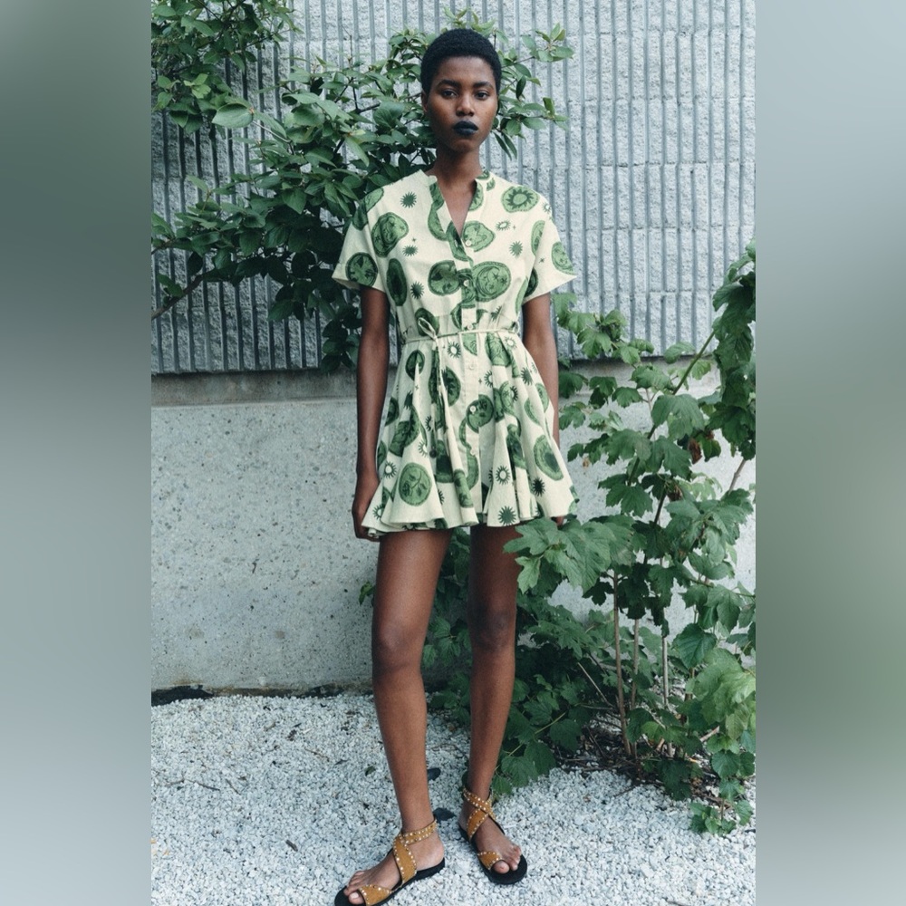 Zara Cream Mini Dress with Green Print